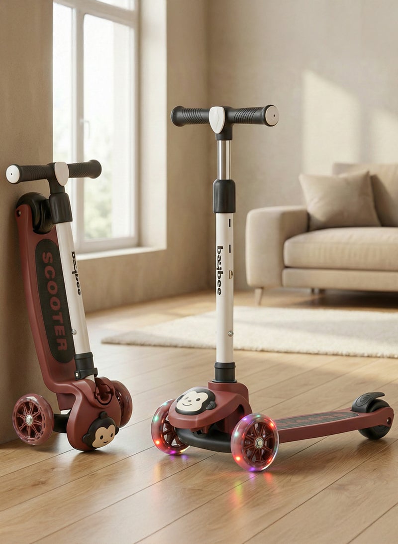 بيبي سكوتر مونكي للأطفال | سكوتر بثلاث عجلات للأطفال بثلاثة ارتفاعات قابلة للتعديل، مزود بإضاءة LED وموسيقى | سكوترات تزلج تتحمل وزنًا يصل إلى 50 كجم | سكوترات جري للأطفال من عمر سنتين إلى 10 سنوات، لون أحمر - Image 1